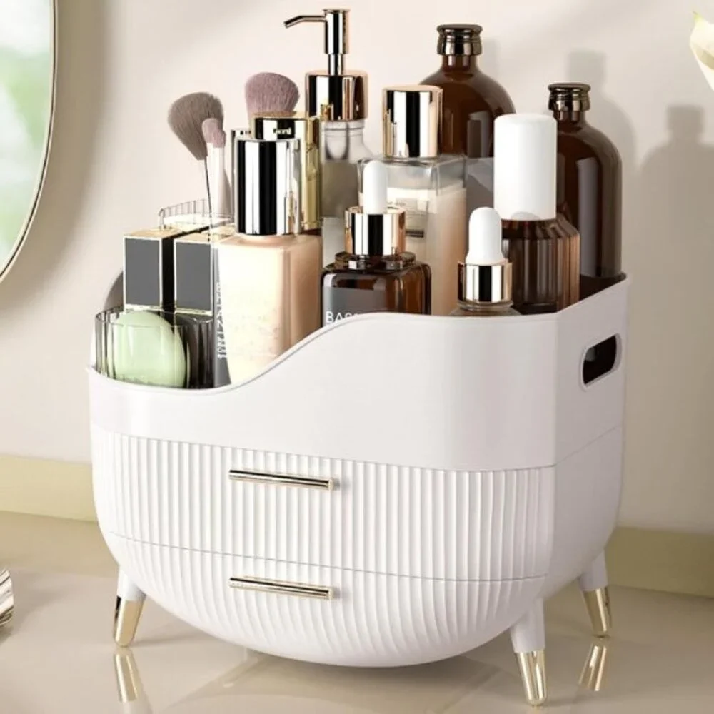 Makeup Organizer for Vanity, Large Skincare Storage Box with 2 Drawers - White